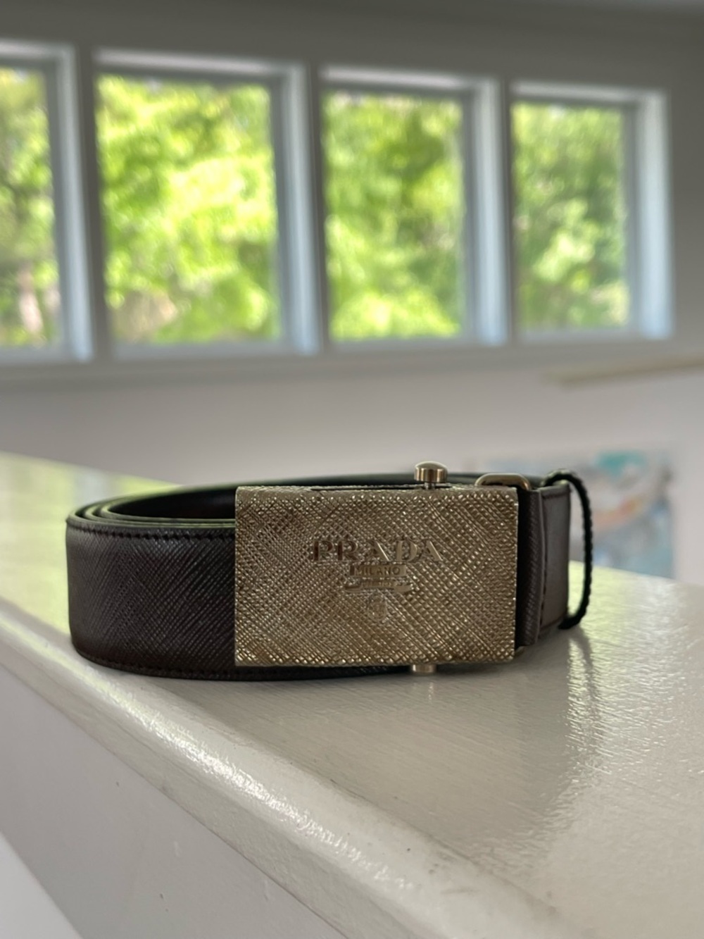Prada Brown Leather Belt with Gold Plaque Buckle